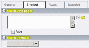 Page properties shortcut tab has Shortcut to page: and Shortcut mode: fields