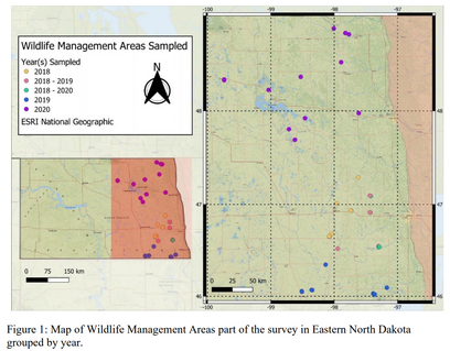 Map of Wildlife Management Areas part of the survey in Eastern North Dakota grouped by year.