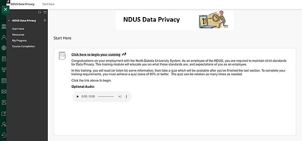 Image of the NDUS Data Privacy training home screen.