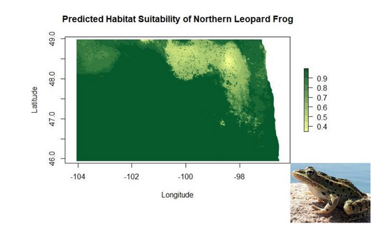 The predicted suitable habitat of the Northern Leopard frog across the state of North Dakota.