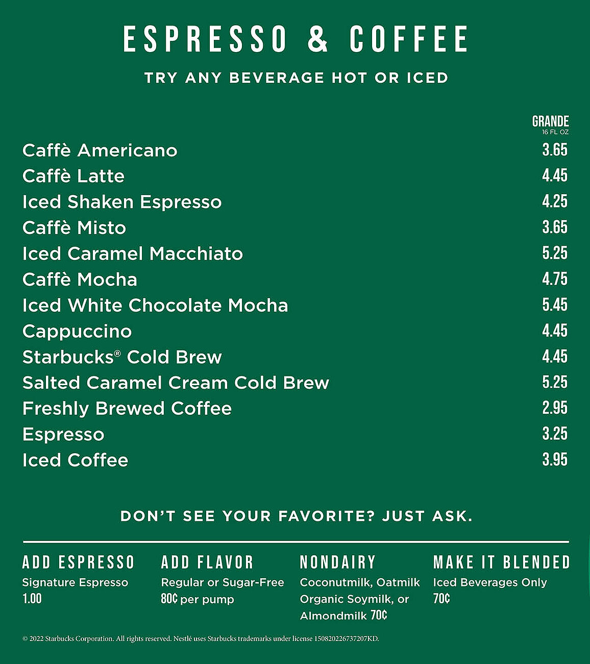 Espresso menu