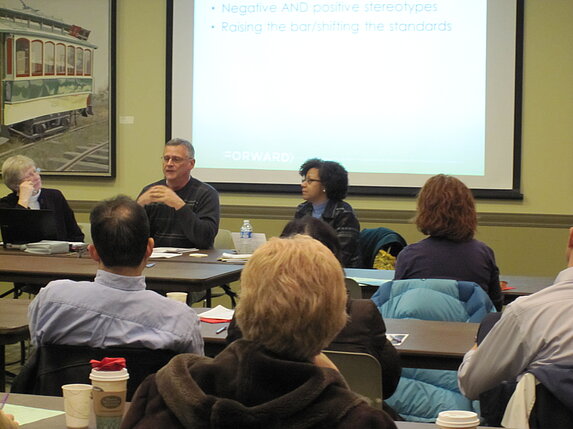 Sandy Holbrook, Mark Sheridan and Evie Myers present faculty search training, February 2011.