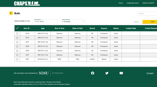 CHAPS users can cull any animal (bull, cow, calf) from a herd by checking the box to the left of the animal ID, entering a culled date and culled reason, and selecting the save button. Multiple animal IDs may be selected to cull multiple animals on the same date for the same reason.