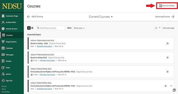 Image of Courses screen with "Course Catalog" link highlighted in the top-right corner.