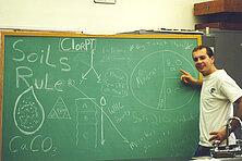 Images of a student standing by a blackboard
