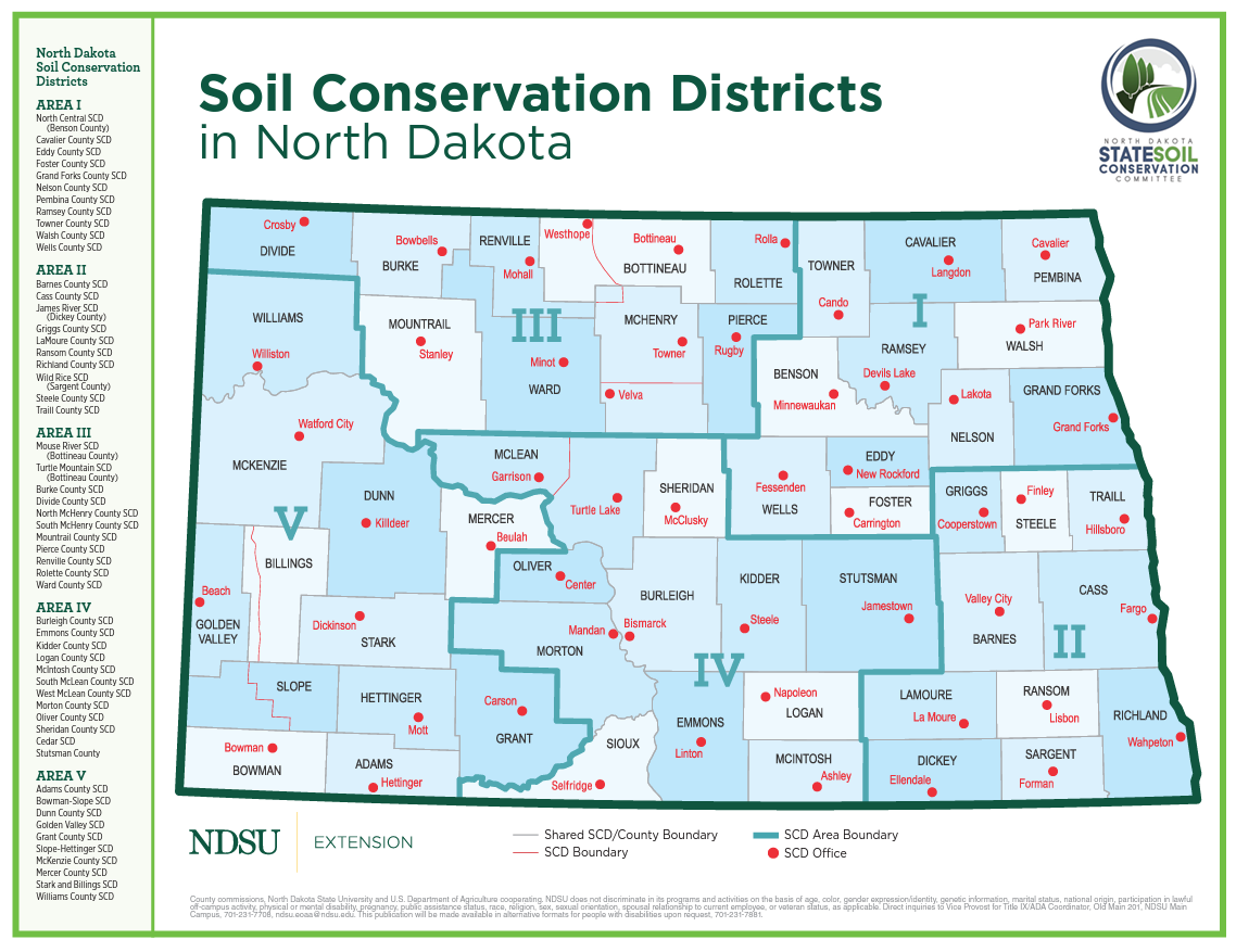 Map showing area boundaries and where Soil Conservation Districts are located in ND.