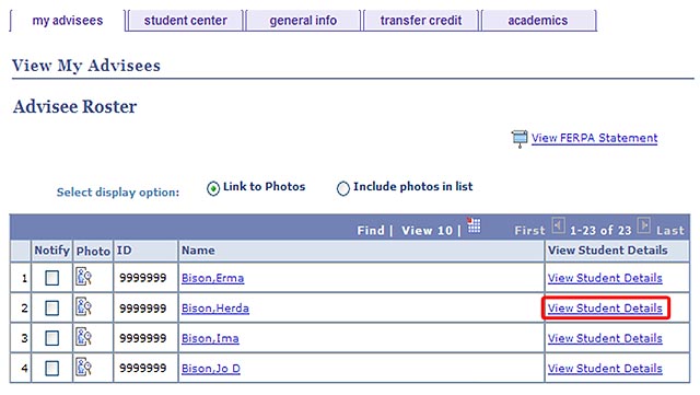View of Advisee Roster table which lists each student advisee's I.D. number, a link to the student's photo, student name, and View Student Details link highlighted.