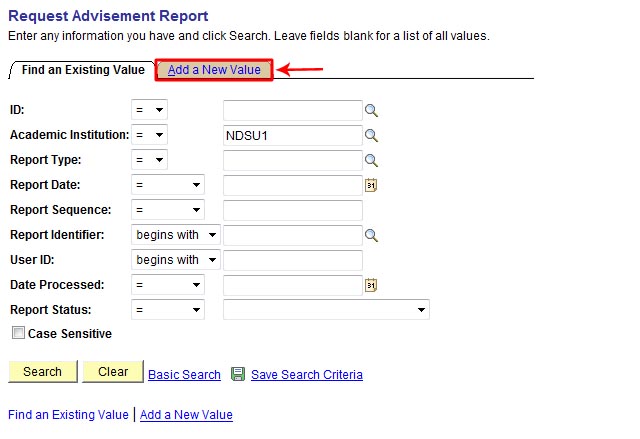 View of Request Advisement Report screen with Add a New Value tab highlighted